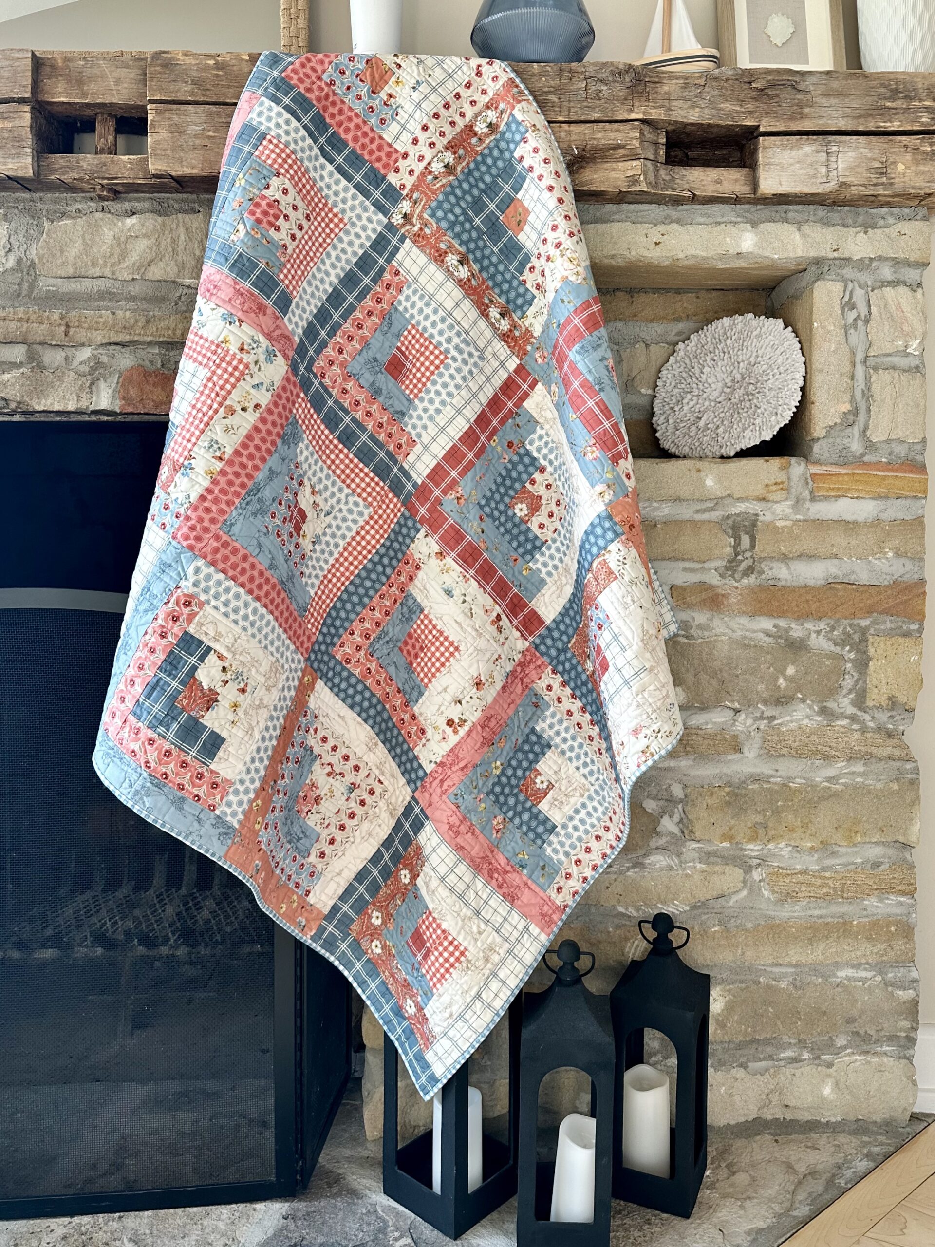 Vintage Handmade Quilt Top Log Cabin Quilt 2024 Top Blues Browns Reds Cotton Scrap Quilt Vintage Fabric Boho Quilt